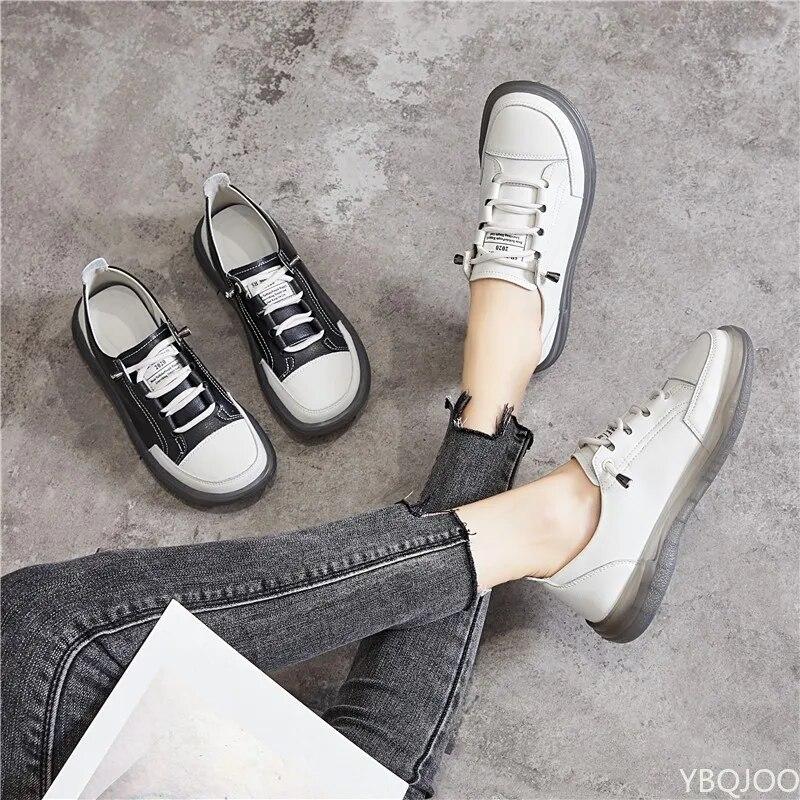 Genuine Leather Women's Flat Sneakers Large Size 35-41 Autumn Vulcanized Casual Shoes Comfortable Flats Ladies Footwear
