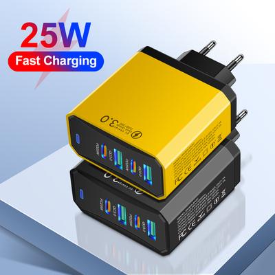 25W 4 Ports USB Charger Fast Charging QC3.0 Travel Charger for IPhone 16 15 Samsung Xiaomi Mobile Phone Adapter EU US KR UK Plug