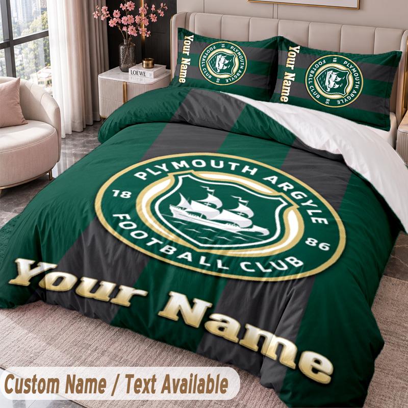 Plymouth Argyle FC Printed Bedding Set Custom Name Text 1 Duvet Cover 2 Pillowcases For Bedroom