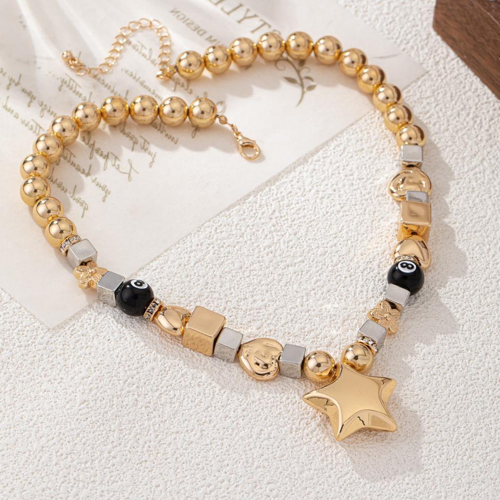 Temperament pentagram round bead square ring necklace color simple neck chain