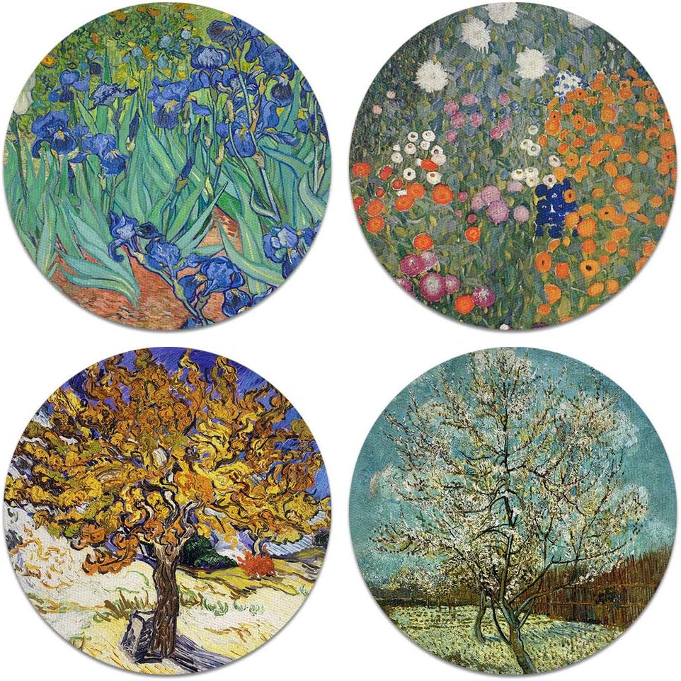 CARIBOU Coasters - Irises, Mulberry, The Pink Peach Tree by Vincent Van Gogh, Gustav Klimt Flower Garden Design Absorbent Round Fabric Felt Neoprene