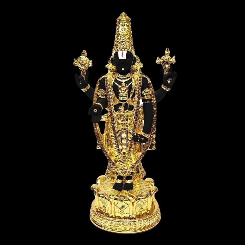 Lord Tirupati Balaji Gold Plated Black Terracotta Idol for Car Dashboard | Vishnu Ji Idol for Office Desk | Venkateswara Swamy Murti for Home |