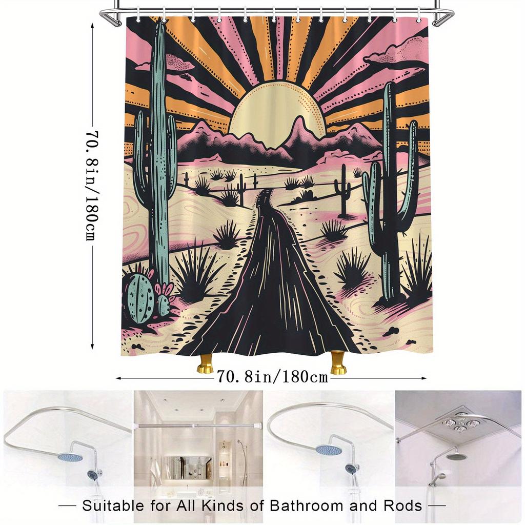 [Retro Shower Curtain] 1Pc Retro Desert Sunset Shower Curtain - Polyester Bathroom Decor - Western-Themed Art