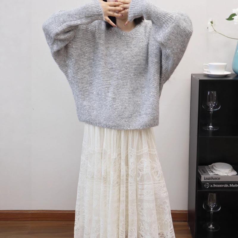 Autumn and Winter New Back Strap Bow Knitted Sweater Top Sequined Design Loose Sweater Pullover Woman