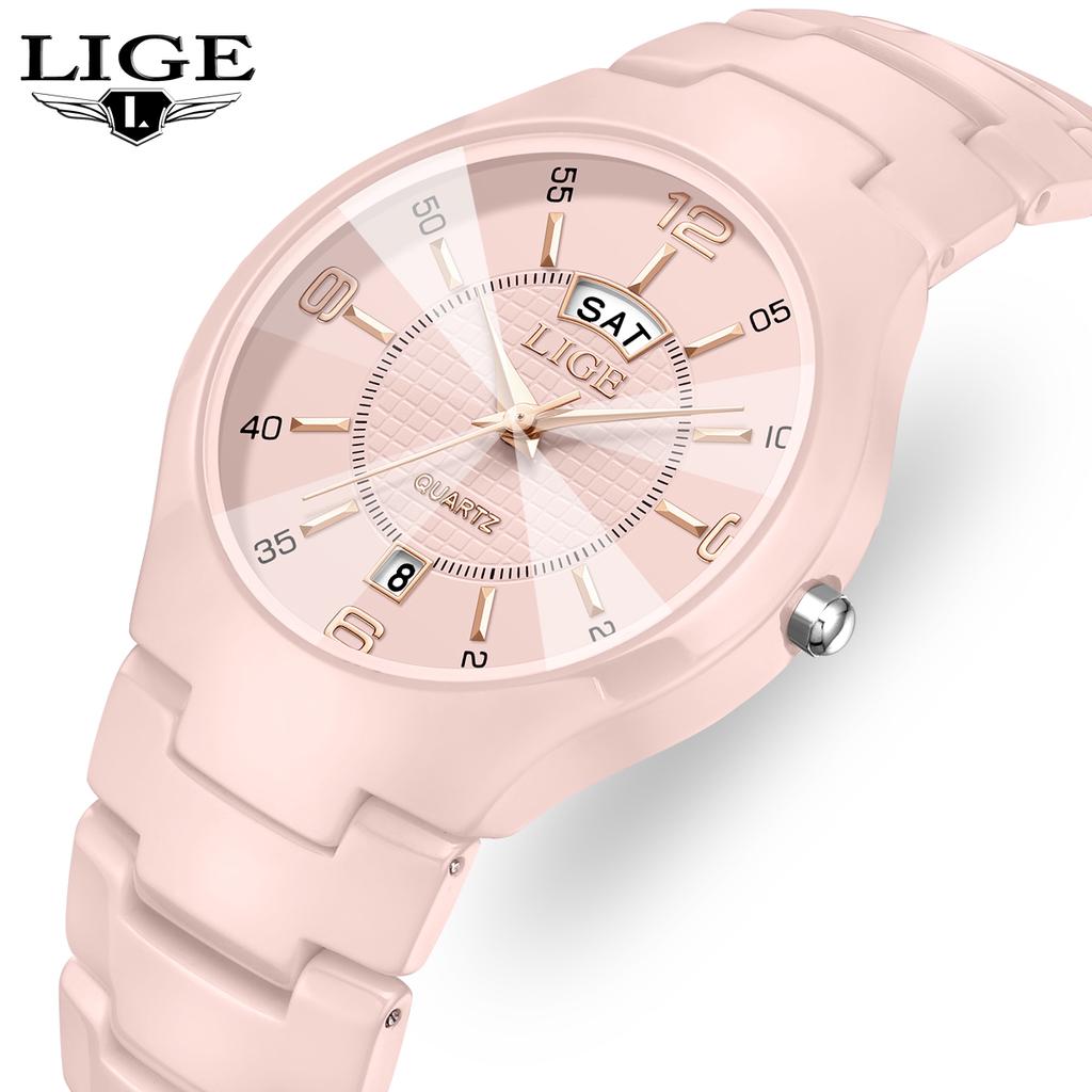 LIGE Elegante Keramik Damenuhr Luxus Mode Quarz Armbanduhren Wasserdicht Datum Woche Uhren Damen Geschenke Reloj Mujer+Box
