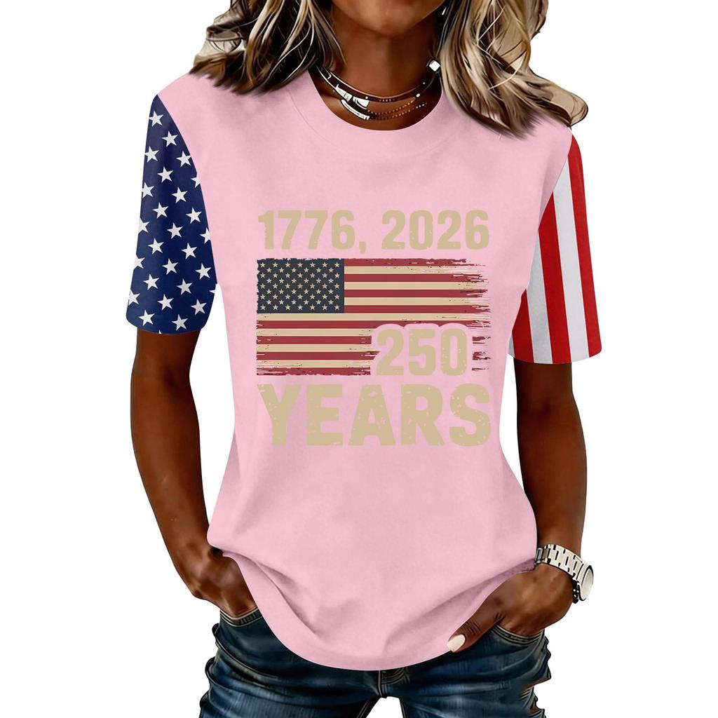 Blusa Feminina da Moda Casual de Manga Curta com Estampa e Gola Redonda