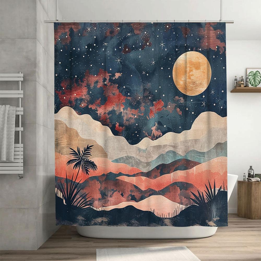 Stunning Moonlit Landscape Shower Curtain with Blue Mountain Range: Perfect for Adding a Touch of Nature-inspired Charm to Your