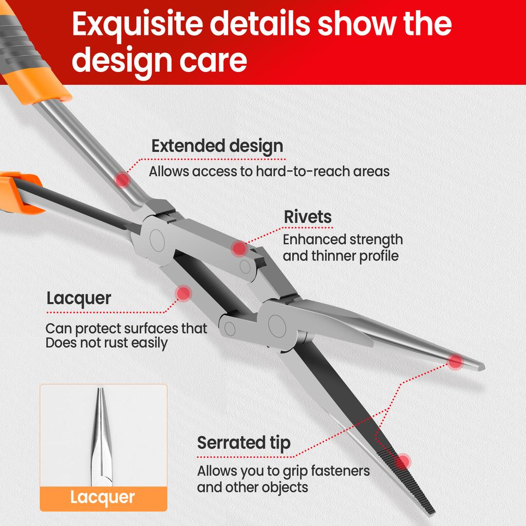 Long Reach Needle Nose Pliers 13 Inch Chrome Vanadium Steel Double Joint Long Nose Pliers with Ergonomic Handle for Tight Space