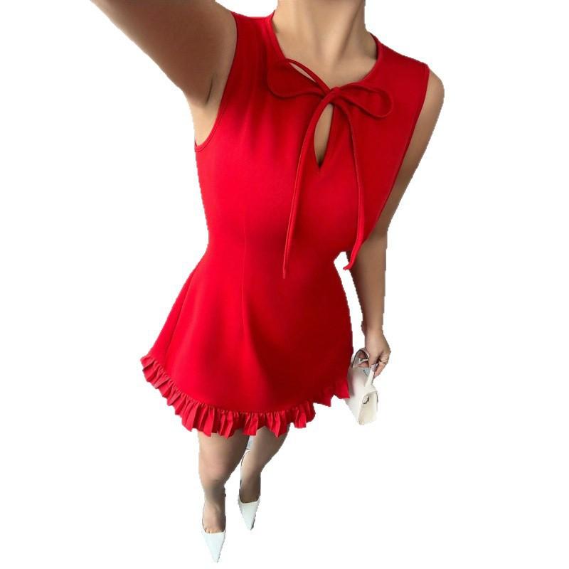 Womens Round Neck Sleeveless Fit-and-Flare Mini Dress With Bow Detail Ruffle Hem