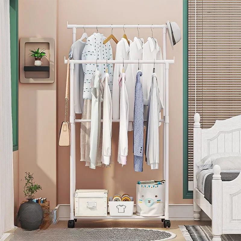 Movable Coat Rack Double Clothes Shelf Simple Rod Clothes Floor-Standing Bedroom Telescopic Floor Hangers Storage Coat Rack