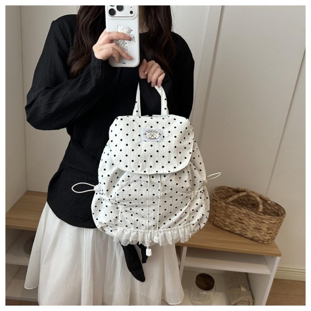 Korean Style Polka Dot Backpack Large Capacity Lace Trimmed Drawstring Backpack Drawstring Closure Flip Design School Daypack