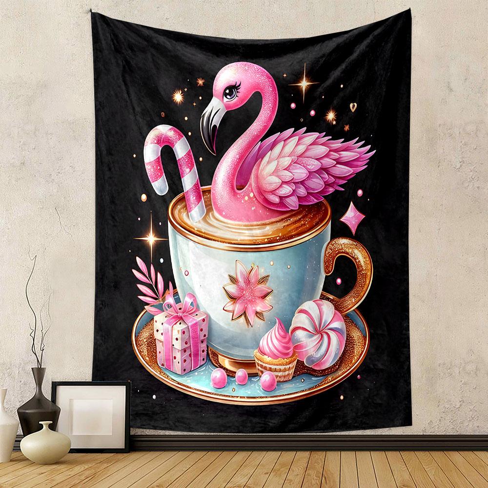 Pink Flamingo in Coffee Cup Fantasy Patterned Tapestry Decorative Wall Hanging, Home Bedroom Living Room Decor