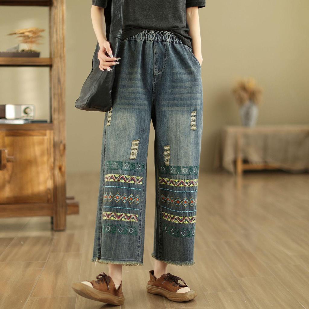 Women's High-Waist Wide-Leg Embroidered Jeans - Loose Fit, Raw Edge, Nine-Point Cotton, Plus Size, Casual Spring/Summer Pants