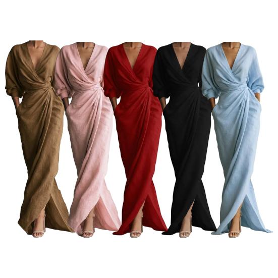 Women's Split Wrap Maxi Dress 3/4 Sleeve V Neck Ruched Bodycon Long Dress Cocktail Party Wedding Guest Dress with Pockets