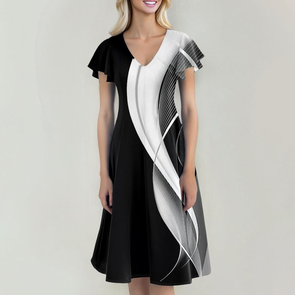 Women's Casual Fashion V-neck Short Sleeve Print Dress With Pockets