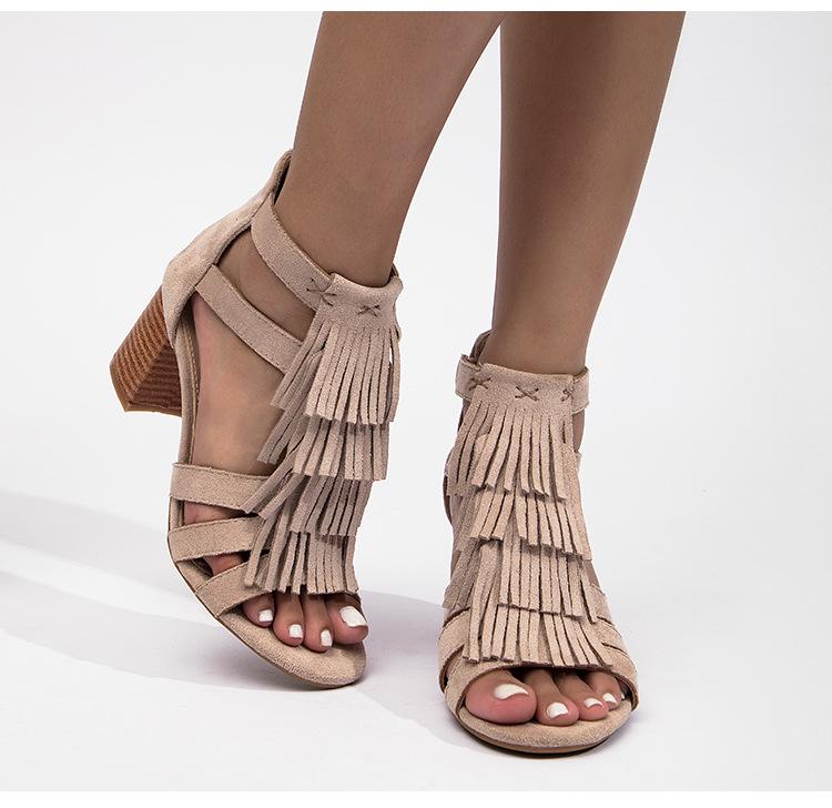 2025 Women's Chunky Heel Tassel Ankle Boots Peep Toe, Back Zipper, Roman Style Sandals