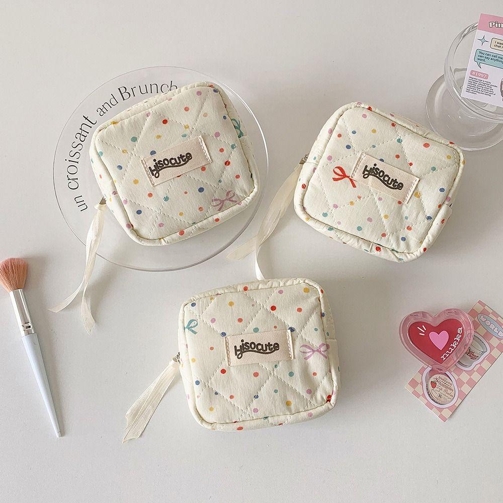 Portable Bowknot Sanitary Napkins Storage Bag Colorful Dots Large Capacity Coin Purse Cosmetic Bag for Women Girls