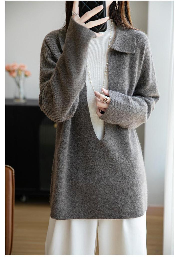 Women's POIO Collar Wool Sweater: Casual, Autumn/Winter, Long Sleeve, Loose, Slimming, Versatile Knit Pullover.