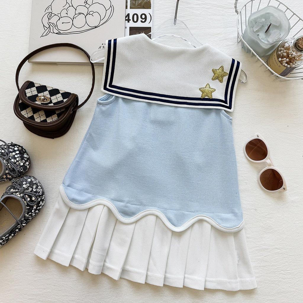 Summer Girls Sleeveless Pleated Dress Cartoon Applique Vest Dress Preppy Little Girl Casual Party Sundress
