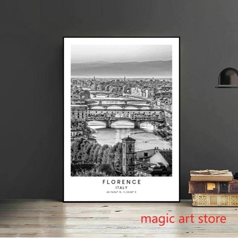 Florence Italy  Rome Travel Landmarks Art  Colosseum Black and White Canvas Wall Prints  Home Decor Poster