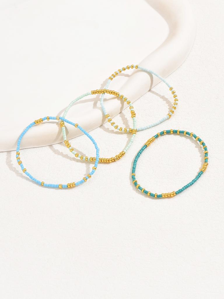 4 PCS Turquoise Color Seedbeads Stretch Bracelet Set Bohemia Gold Color Glassbeads Elastic Handmade Girls Vacation Jewelry