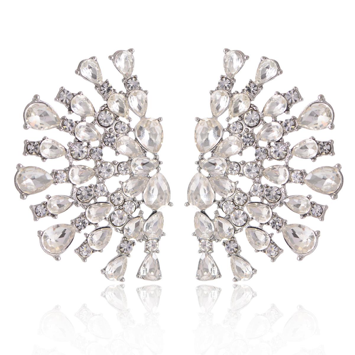 Elegant Fan Shaped Rhinestone Earrings Exaggerated Fashionable High End Temperament Jewelry