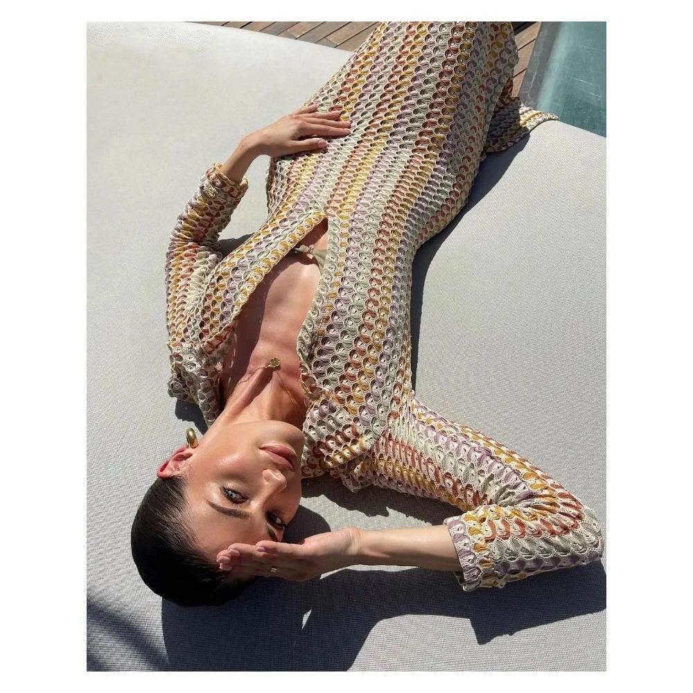 

Вязаное крючком красочное полосатое макси-платье для женщин с расклешенными рукавами и V-образным вырезом, с высоким разрезом, сексуальное длинное платье для пляжа, банкета, платья L