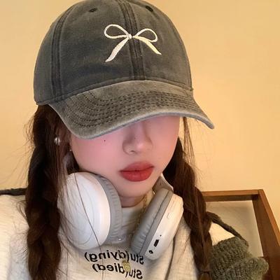 Retro Washed Old Bow Embroidered Baseball Hat for Women In Spring Summer Large Brim Plain Faced Duckbill Cap Men