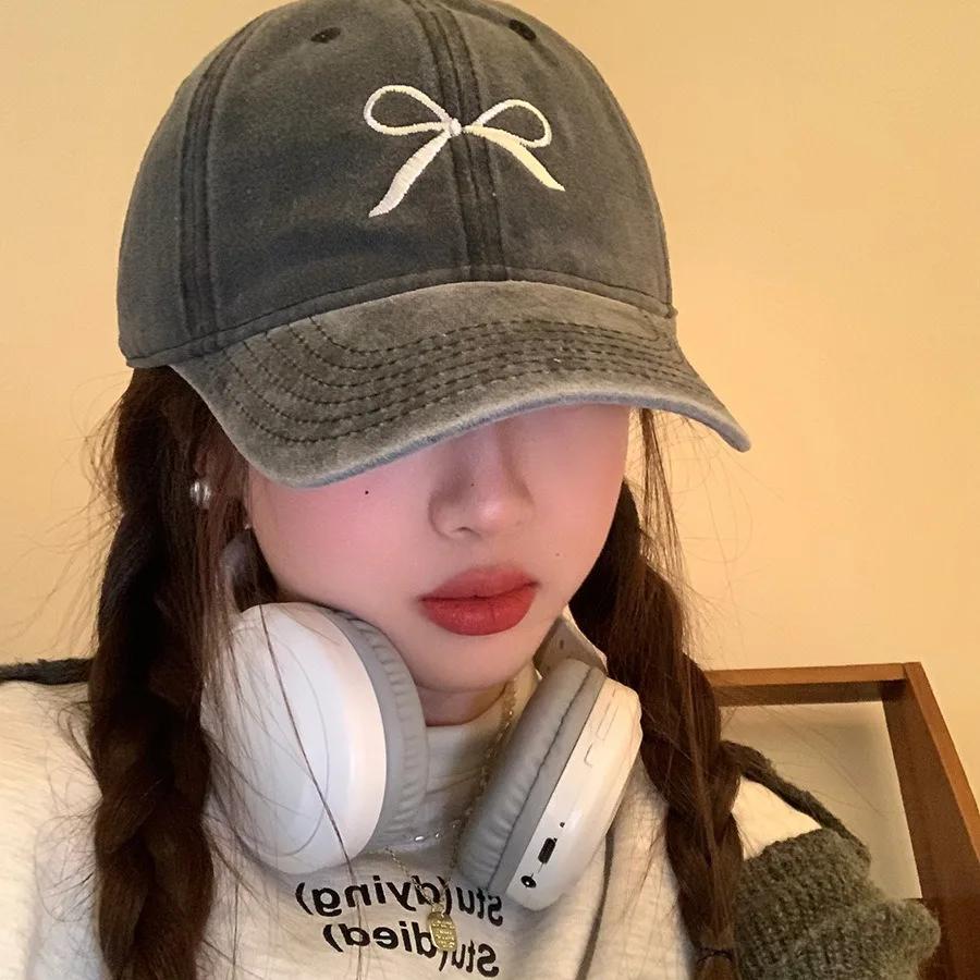 Retro washed old bow embroidered baseball hat for women in spring summer large brim plain faced duckbill cap Men