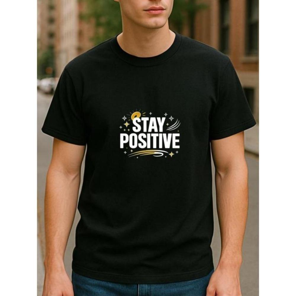 

European Sizes STAY POSITIVE Positive Print _ Casual Short-Sleeved T-shirt, Light Round-Neck, Four-Season Versatile Men S T-shirt S чёрный