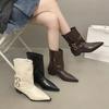 New short boots women's boots medium tube pointed head belt buckle spring and autumn knight boots trouser tube thick heel boots fashion sleeve
