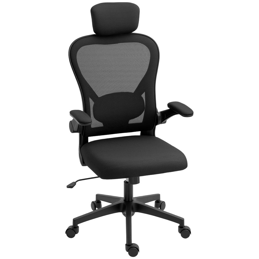 Office Chair, Ergonomic Desk Chair with Flip-Up Armrests, Adjustable Lumbar Support, Black