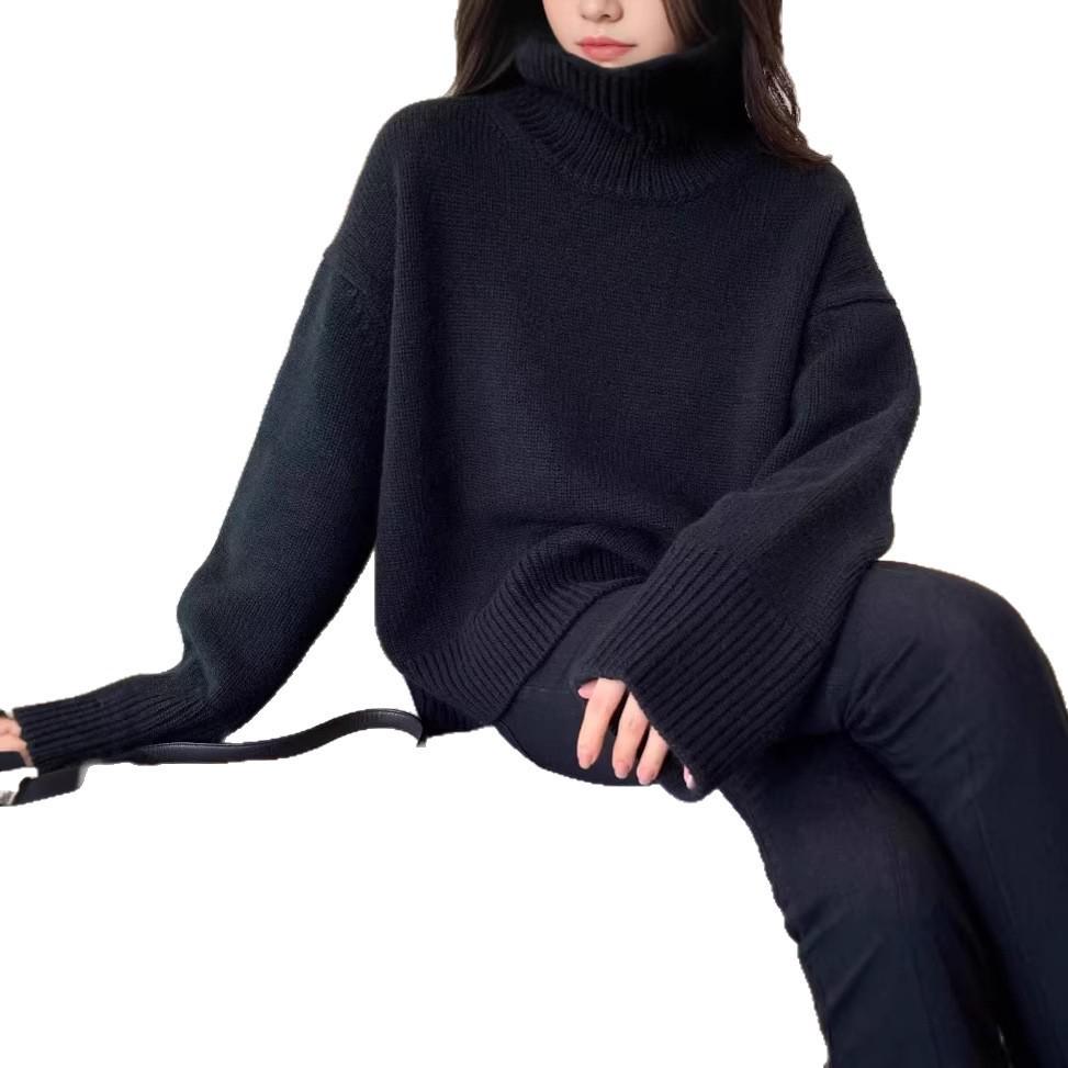 Gray High Collar Women's Knit Sweater: 2026 Autumn/Winter Loose, Thickened, Lazy Korean Style Base Layer