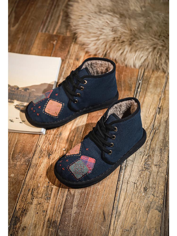 Johnature Plush Warm Cotton Shoes Handmade Embroidered Soft Sole Cloth Shoes Retro Women's Short Boots
