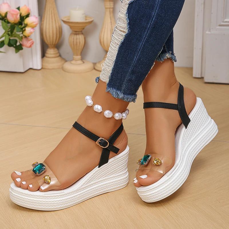 Fashion Green Rhinestone Women Wedge Sandals Summer 2025 Pvc Transparent Ankle Strap Shoes Platform Super High Heels Sandalias Mujer 42