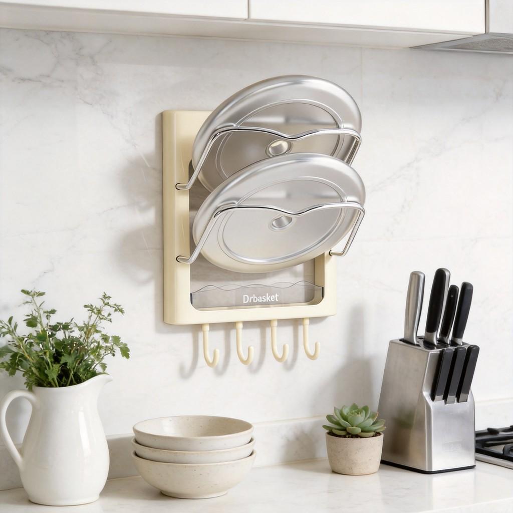 Kitchen Wall Mount Pot Lid Rack With Multilayer Storage For Home Cooking