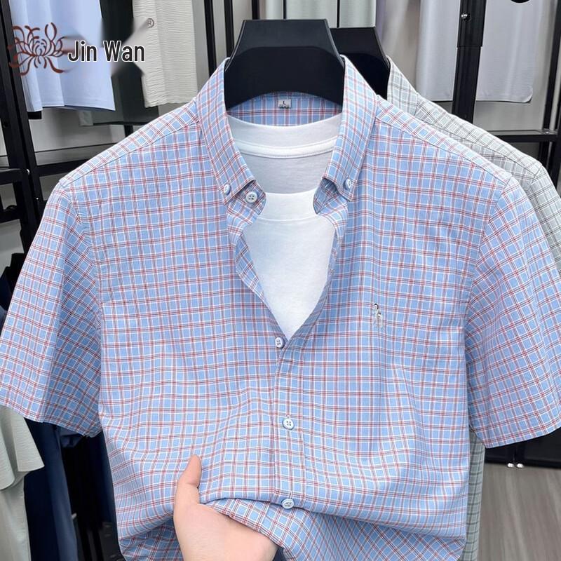 Men s 100% Cotton Plaid Short-Sleeve Casual Shirt 52/XL