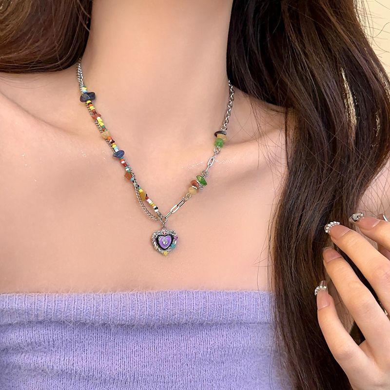 Color Beaded Love Flower Zircon Necklace Female Sweet Cool Hot Girl Wind Collarbone Chain Niche Design Accessories