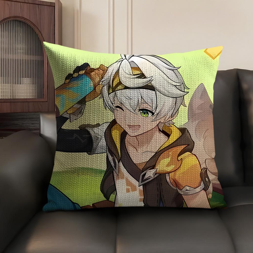 Bennett Genshin Impact Cute Cushion Cover Natural Linen Organic Fabric Double-Sided Printing Sofa Home Decor Gift Pillow Case