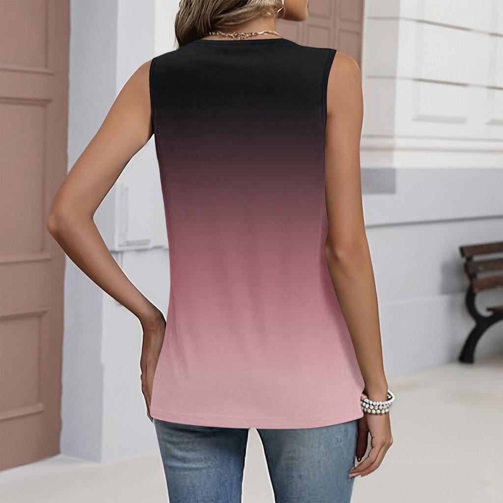 Sleeveless Gradient Print Tank Top for Women Summer Casual Loose Fit V Neck Pleated Blouse Shirt Soft Lightweight Pullover