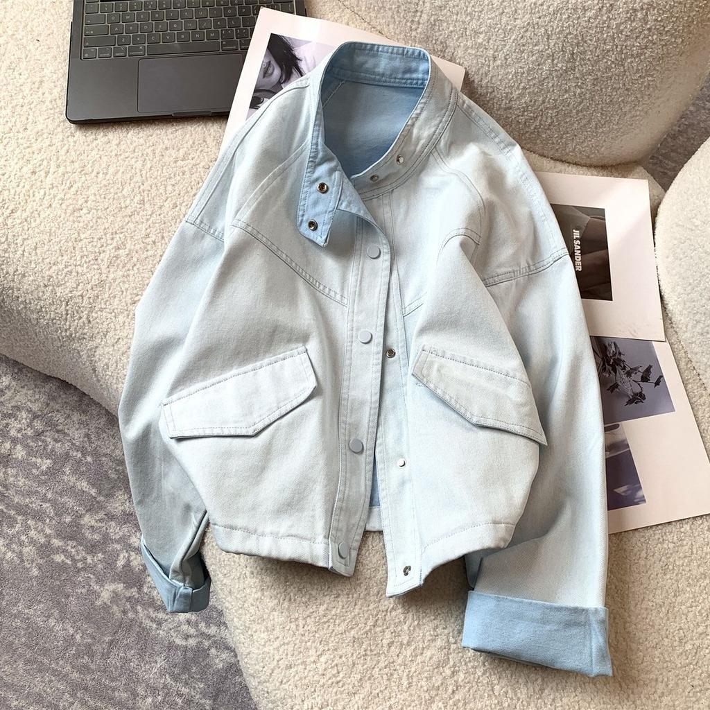 Women Color Denim Cropped Baseball Jacket Spring Korean Casual Round Neck Zip Up Outerwear for Petite Girls