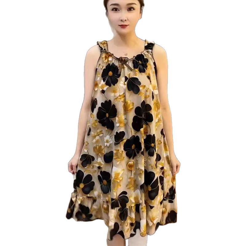 Women's Summer Ice Silk Mesh Sleeveless Nightgown with Suspender Straps