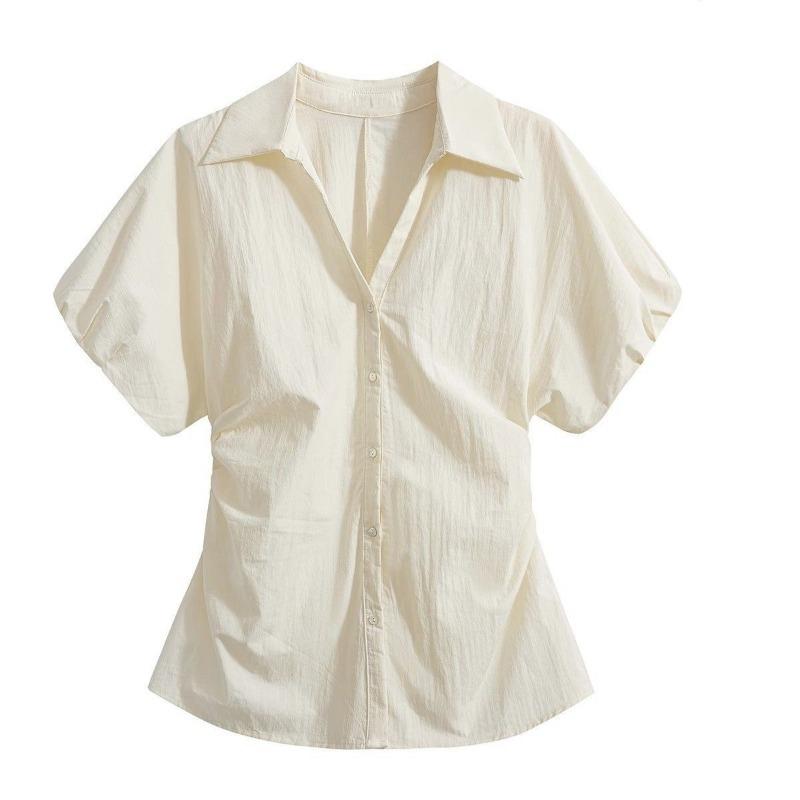 women solid color button down shirt short sleeve v neck ruched waist casual form fitting blouse S жёлтый