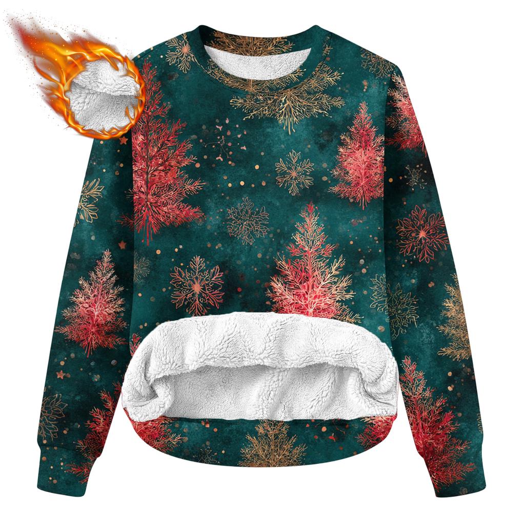 Women's Fashion Casual Long Sleeve Christmas Printed Round Neck Plus Velvet Thickened Sweatshirt