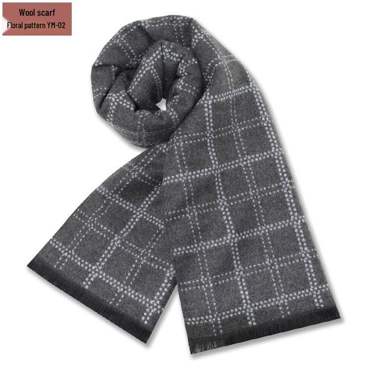 Męski szalik zimowy w czystą szarość w kratę, mieszanka wełny - gruby i ciepły