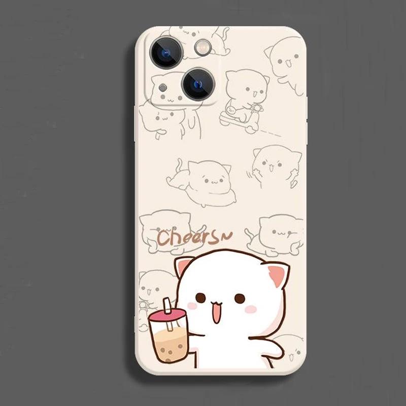 Cute Couple Cats on Call Pattern Phone Case for iPhone 17 16 15 14 13 12 11 16E Series Pro Max Plus Double Layer Protection
