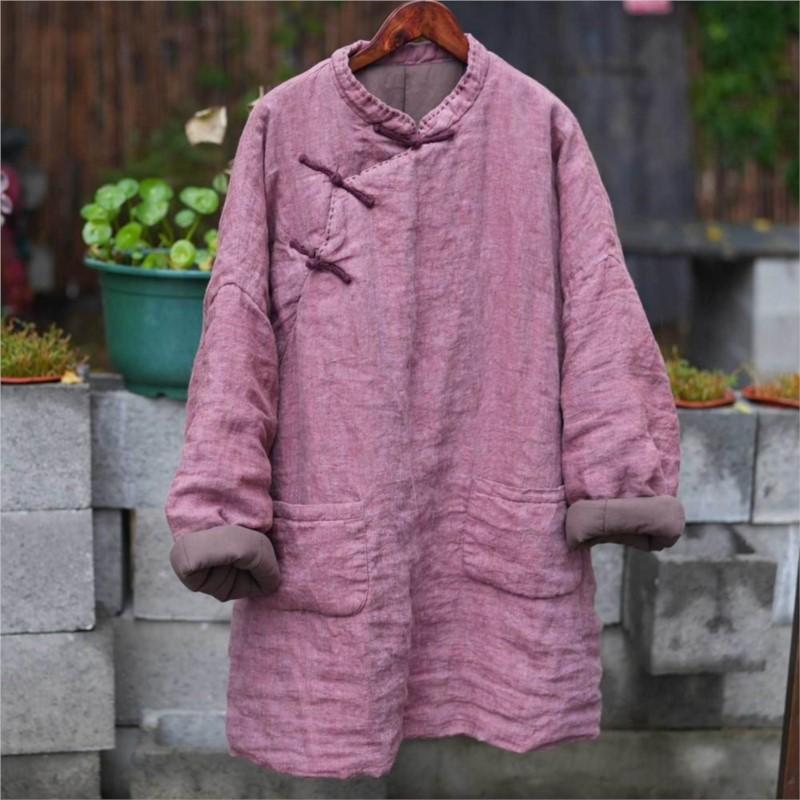 

Johnature Women Vintage Stand Long Sleeve Coats Spring Solid Color Patchwork Pockets Chinese Style Coats One Size