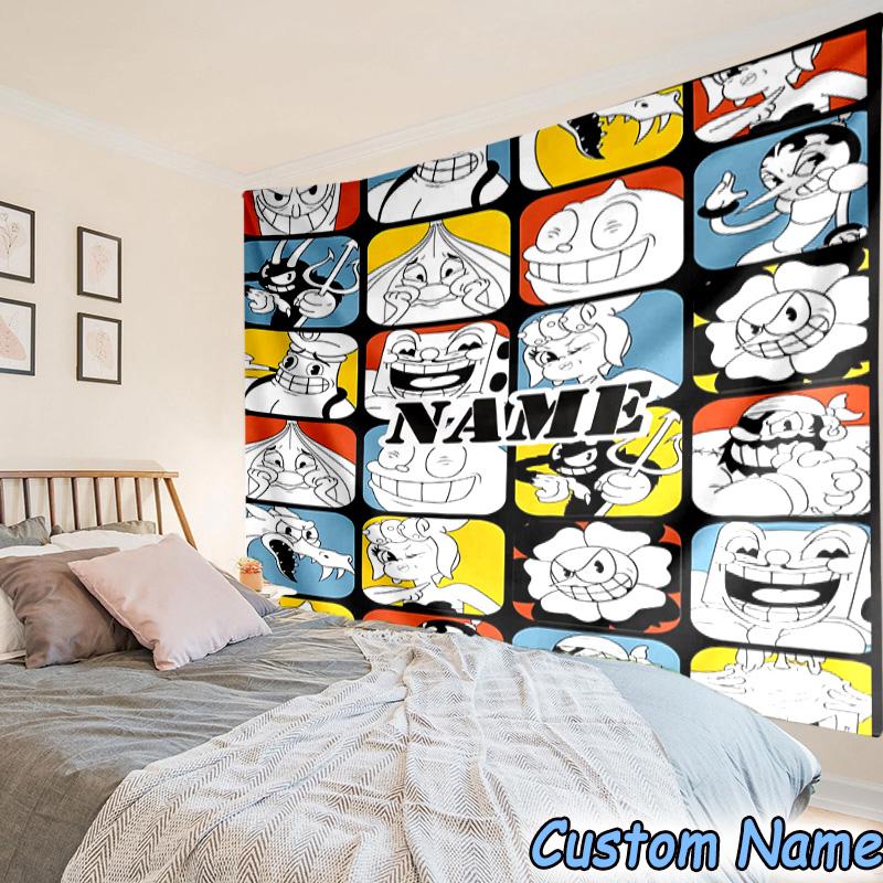 Custom Name Tapestry Cuphead Tapestry Room Decoration Wall Hanging for Living Room Bedroom, Dormitory, Birthday and Christmas Gifts