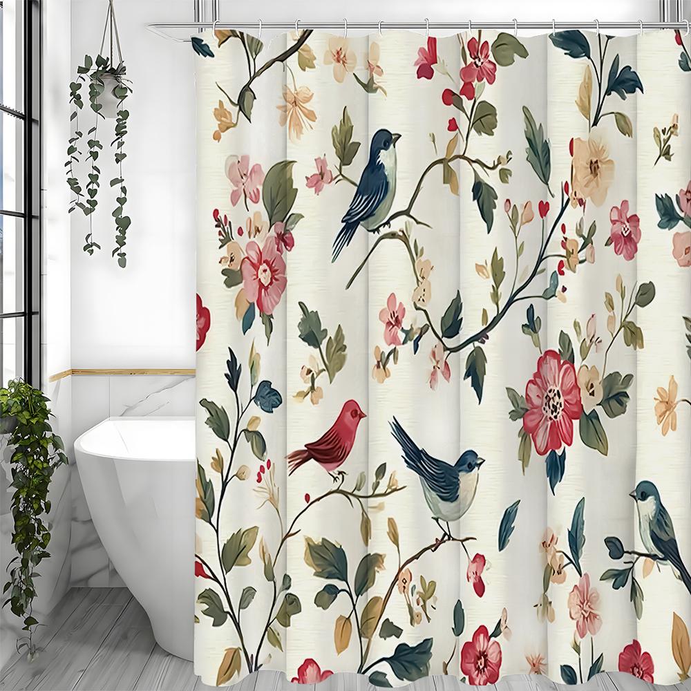 Floral Bird Shower Curtain, Bathroom Decorative Shower Curtain, Waterproof Shower Curtain with Hooks