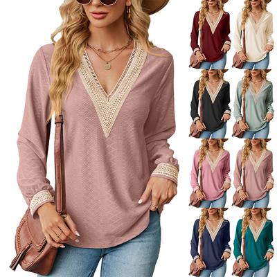 Women's Spring and Autumn Fashion Versatile Lace Panel V-neck Loose Long Sleeve T-shirt Top Women's Clothing